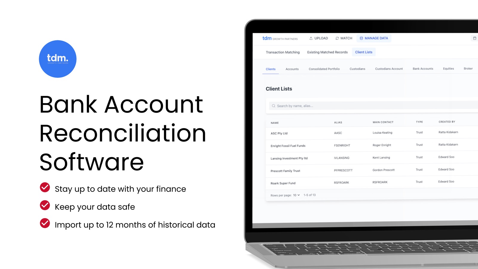 TDM bank reconciliation software dashboard